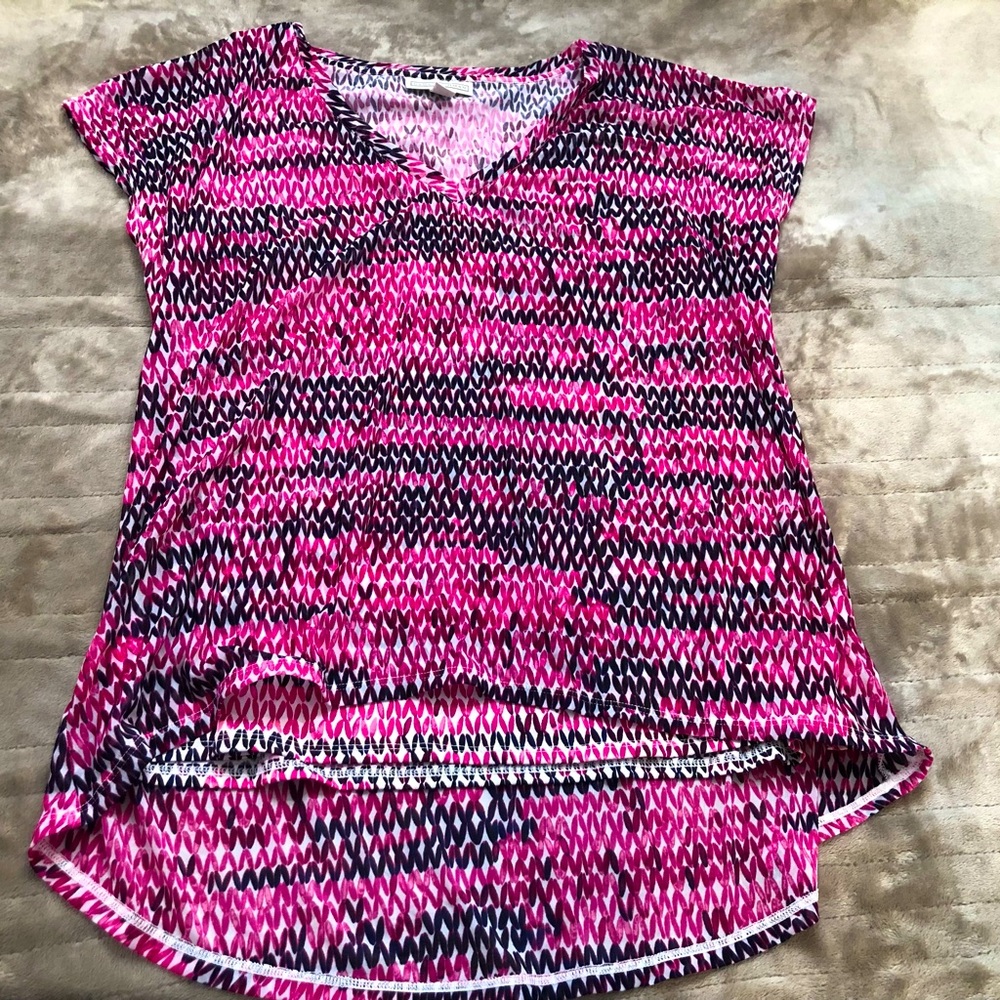 Short sleeved pink and black Dana Buchman dressy shirt, size L.